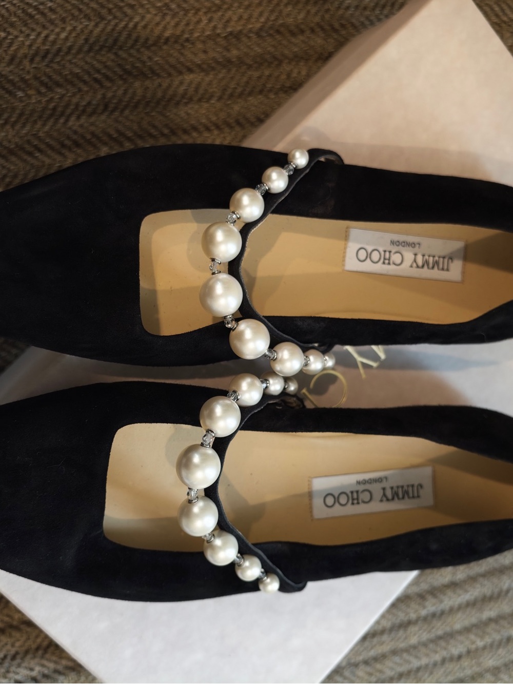 Jimmy Choo Black Suede Pearl Strap Flats size 38